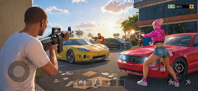 Third-person view of a character aiming a rifle beside parked sports cars on a sunlit street, another character sitting on the bonnet of a red car.