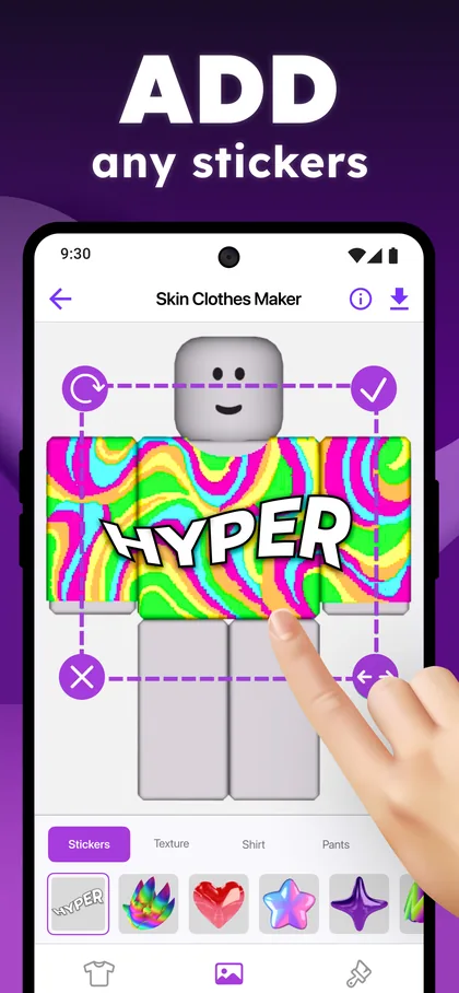 The editor with a rainbow graphic reading 'Hyper' placed on a garment template, a tray of stickers along the bottom and a hand tapping the design. Text reads 'Add any stickers'.