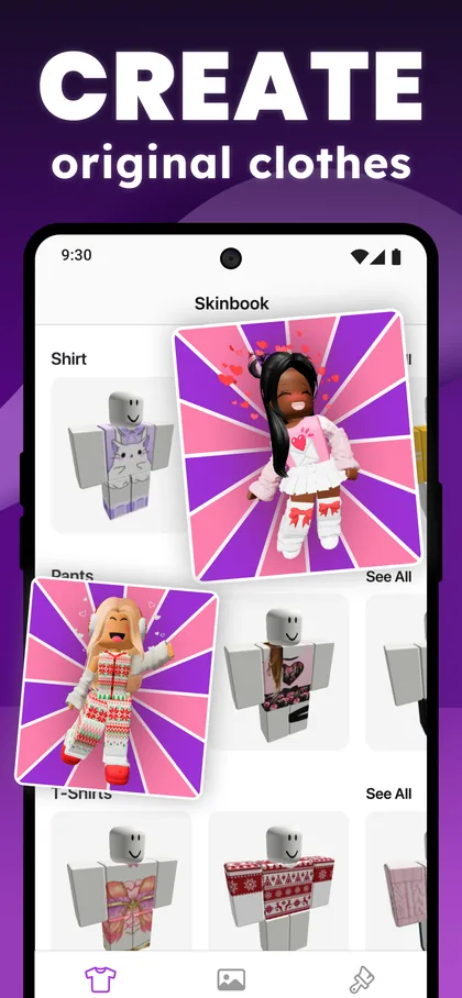 A library screen headed 'Skinbook' showing rows of shirt and full-outfit thumbnails, each row with a 'See All' link. Text reads 'Create original clothes'.