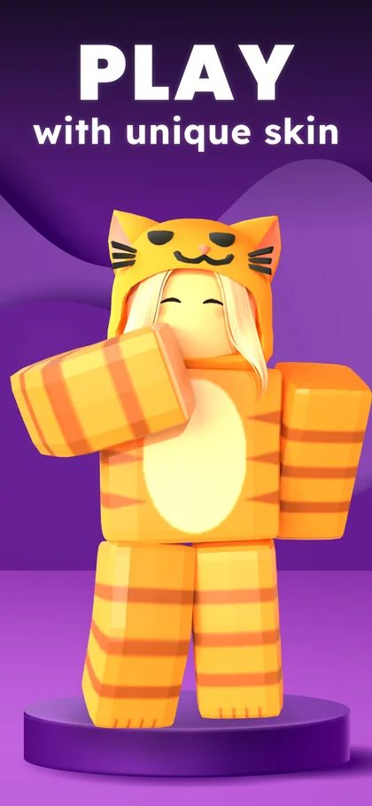 A blocky 3D avatar in an orange striped tiger costume with sunglasses, standing on a purple podium. Overlaid text reads 'Play with unique skin'.